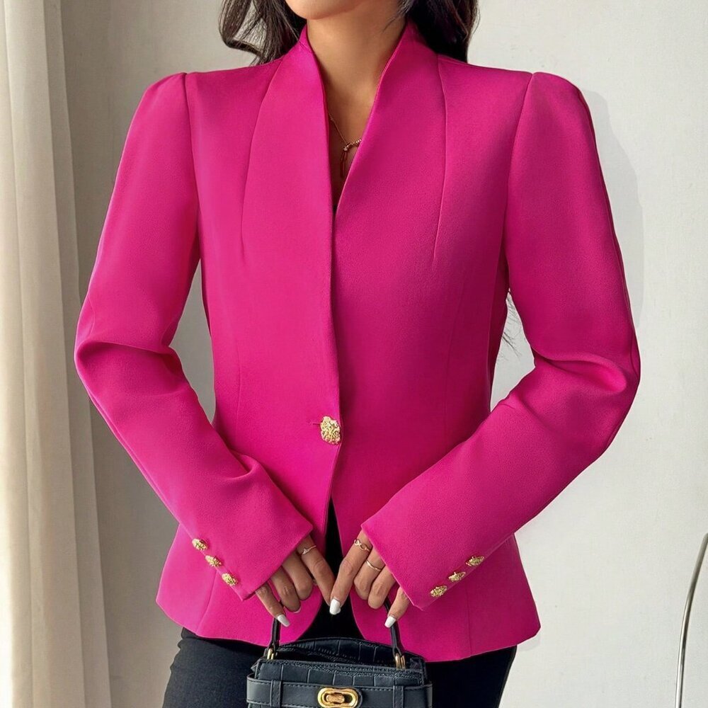 Hot Pink Elegant Women's Solid Single Button Long Sleeve Blazer - Picture 6 of 7
